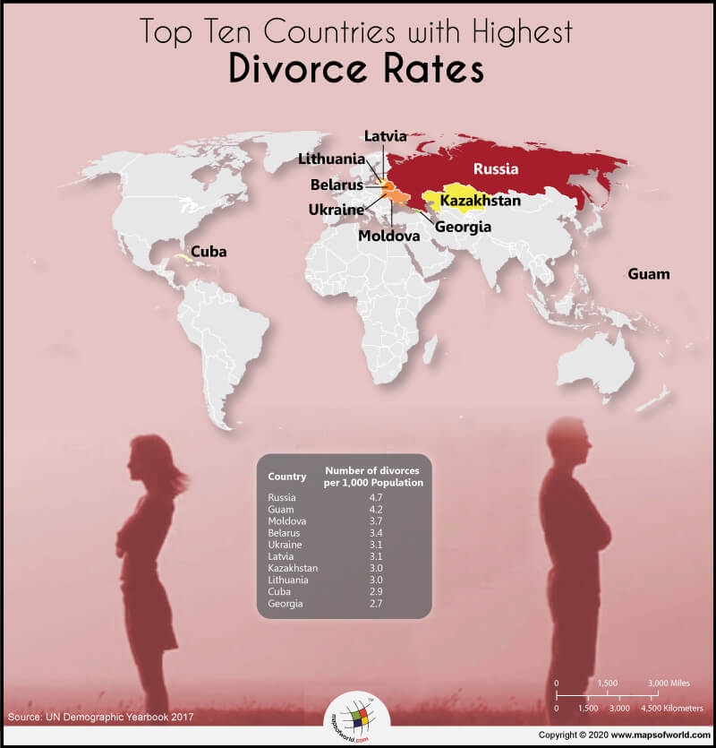 world map depicting top 10 countries with highest divorce rates