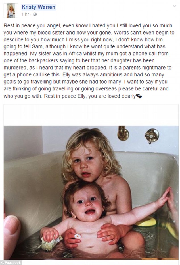 Aussie woman Elly Warren raped and murdered in dangerous Mozambique 12 Ms Warren's sister Kristy took to Facebook to share a tribute to her sister and to tell how her mother had received a call from a fellow backpacker telling her of the terrible news.