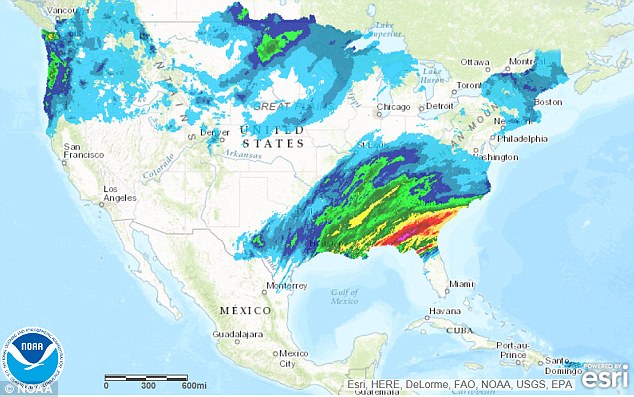 This map shows where precipitation and snow is expected across the country in the coming days.