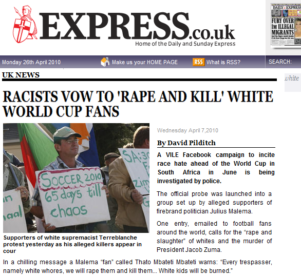 express vow to rape and kill white world cup fans